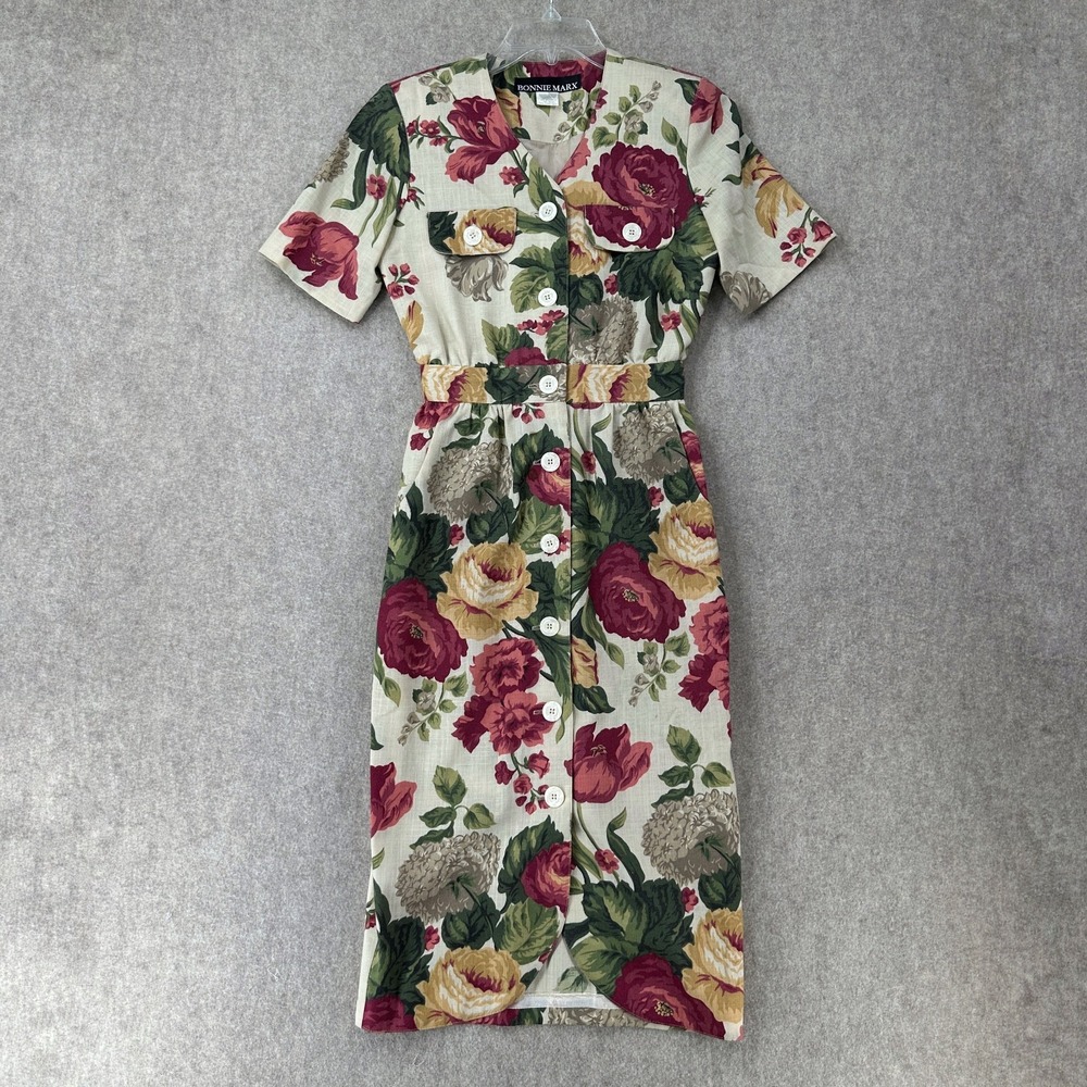 STUNNING VTG 80s Floral Sexy Retro Pencil Dress Bonnie Marx Button 2P Pinup‎
